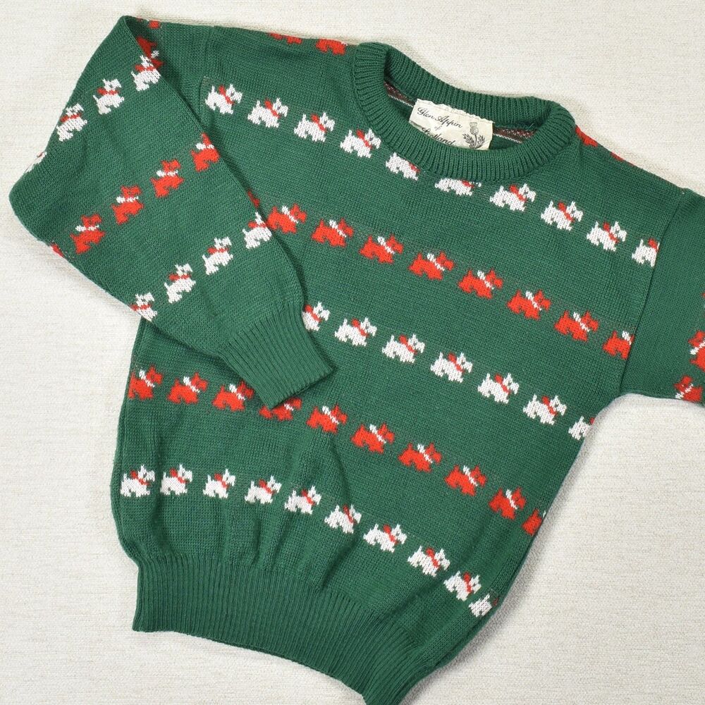 Vtg Glen Appin Scotland Sweater Kids 8 Green Scottie Scottish Terrier Holiday
